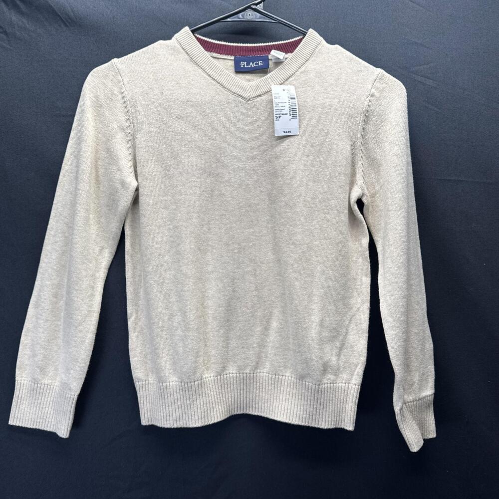 Childrens Place Sweater Boys Small 5/6 Beige V Neck Knit Pullover Long Sleeve